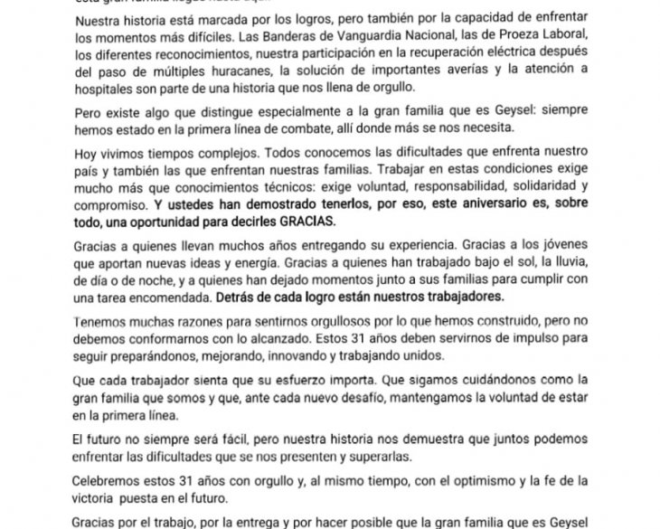 31 aniversario de fundada la empresa Geysel 