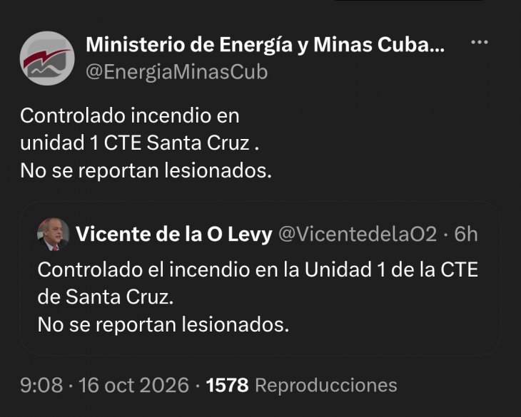 Actualización del incendio ocurrido en la Unidad 1 CTE Santa Cruz .